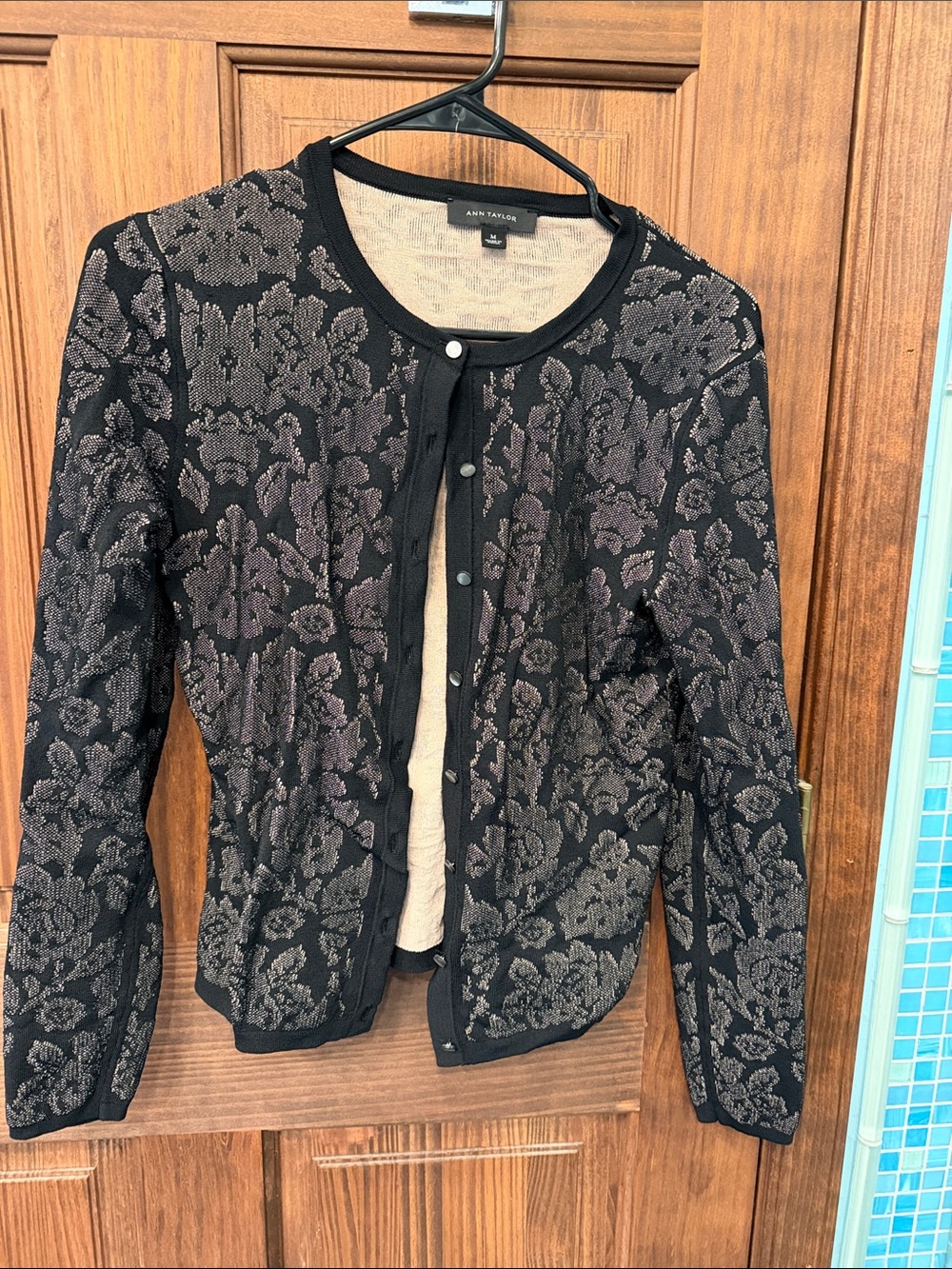 Ann Taylor Black and Metallic Floral Jacquard Blazer